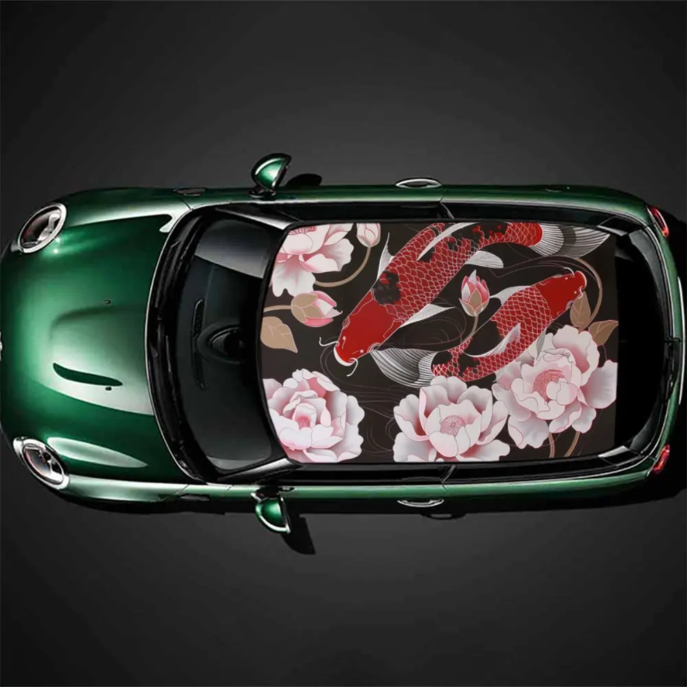 Inky carp: a lively pattern of car vinyl wraps between black and red; car roof graphics, vinyl stickers show creativity.