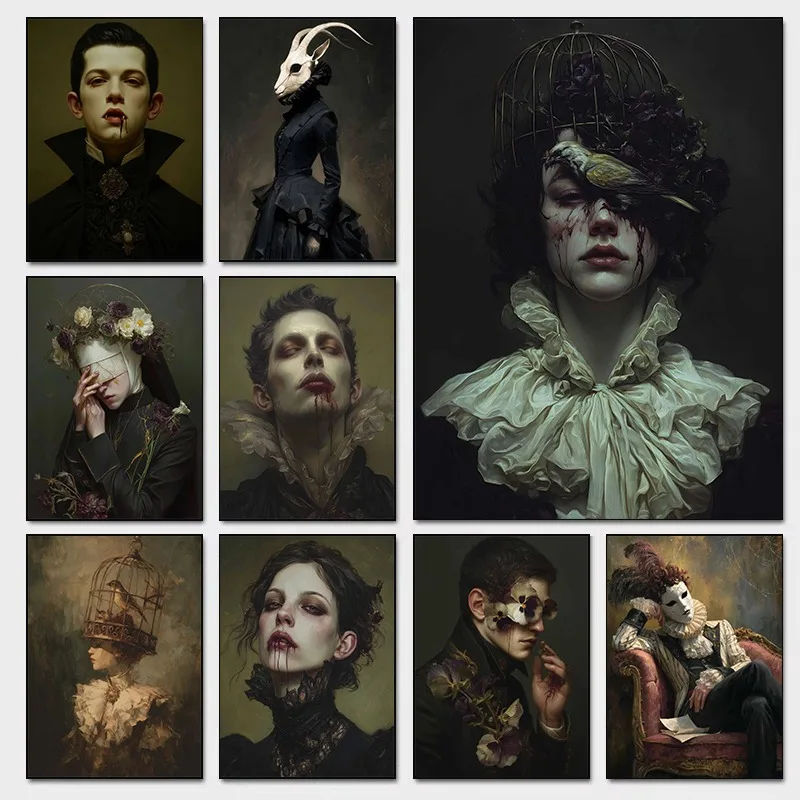 Gothic Vampire Portrait Canvas Wall Art Dark Romantic Horror Masquerade Gentleman Blonde Hair Victorian Symbolic Print Decor