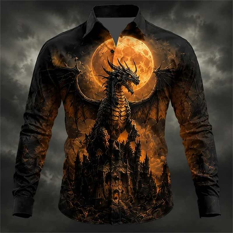 New Men's Spring Fall Casual Round-Neck Long-Sleeve Shirt Flame Dragon Print Collared Button-Down Shirt Fashionable Men's Top