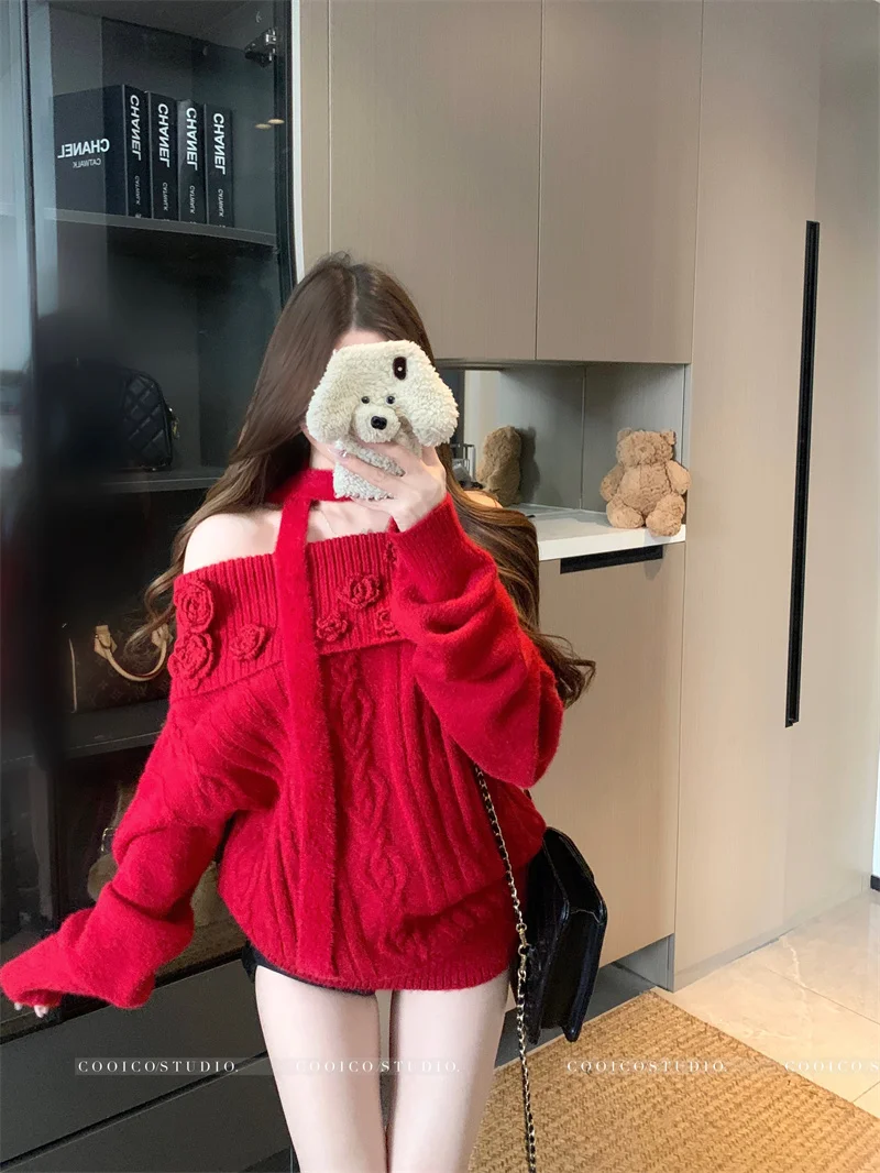 

Harajuku 3D красный свитер с цветочным принтом для женщин, вязаные пуловеры с открытыми плечами и лентой, корейский трикотаж с длинными рукавами, зимние джемперы