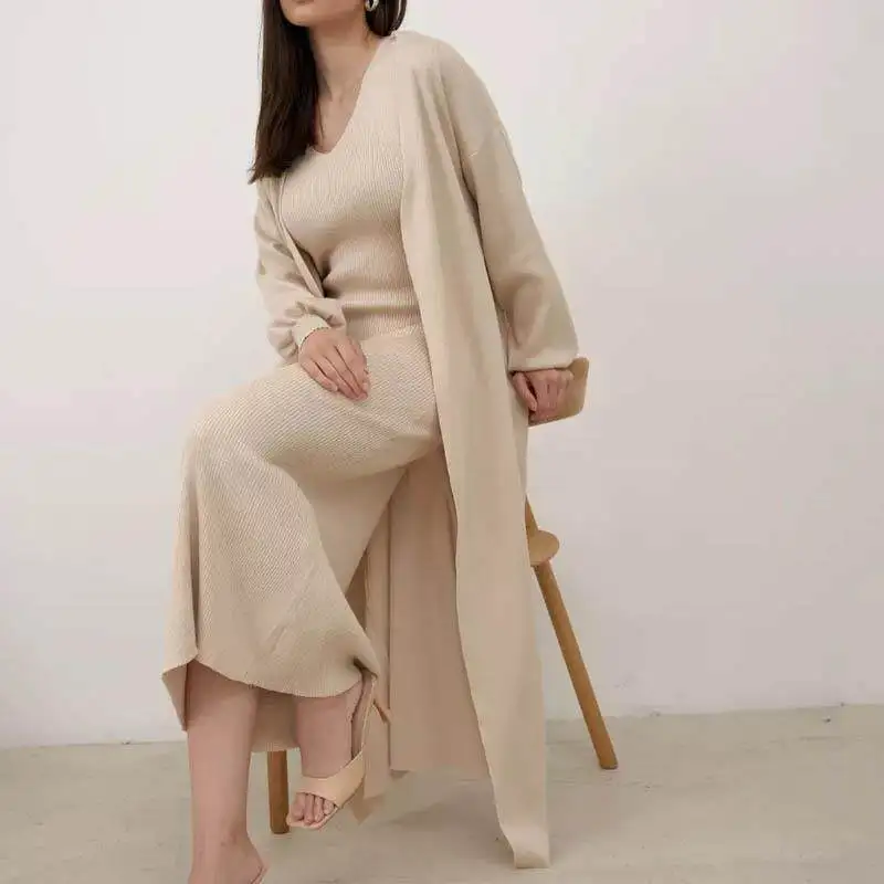 Women's Long Sleeve Sweater Set Elegant Style Loose Fit Cardigan Top Bottoms Matching PVC Fabric Casual Pants Autumn Wear