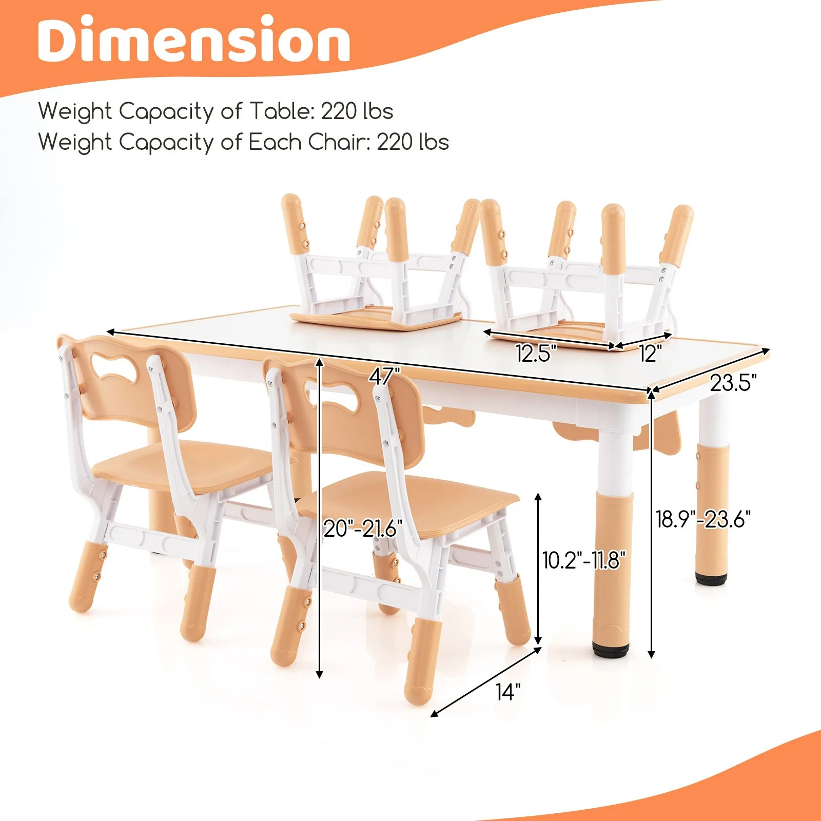 Kids Height Adjustable Table and 4 Chairs Set with Graffiti Desktop Natural