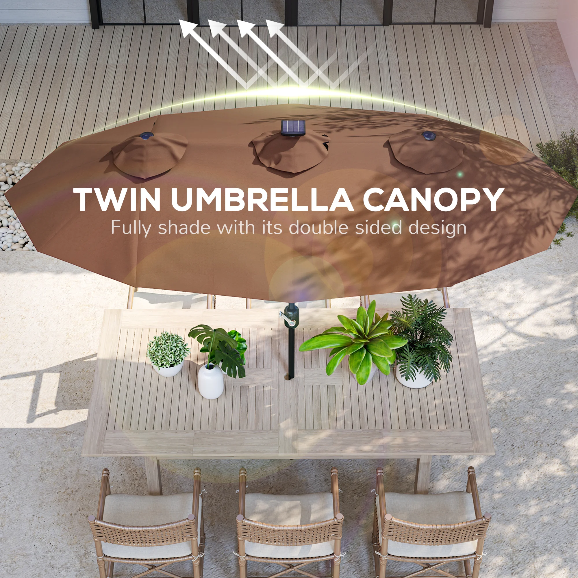 9.7' Double-sided Patio Umbrella with LED Solar Light, Tilt, Coffee image 5