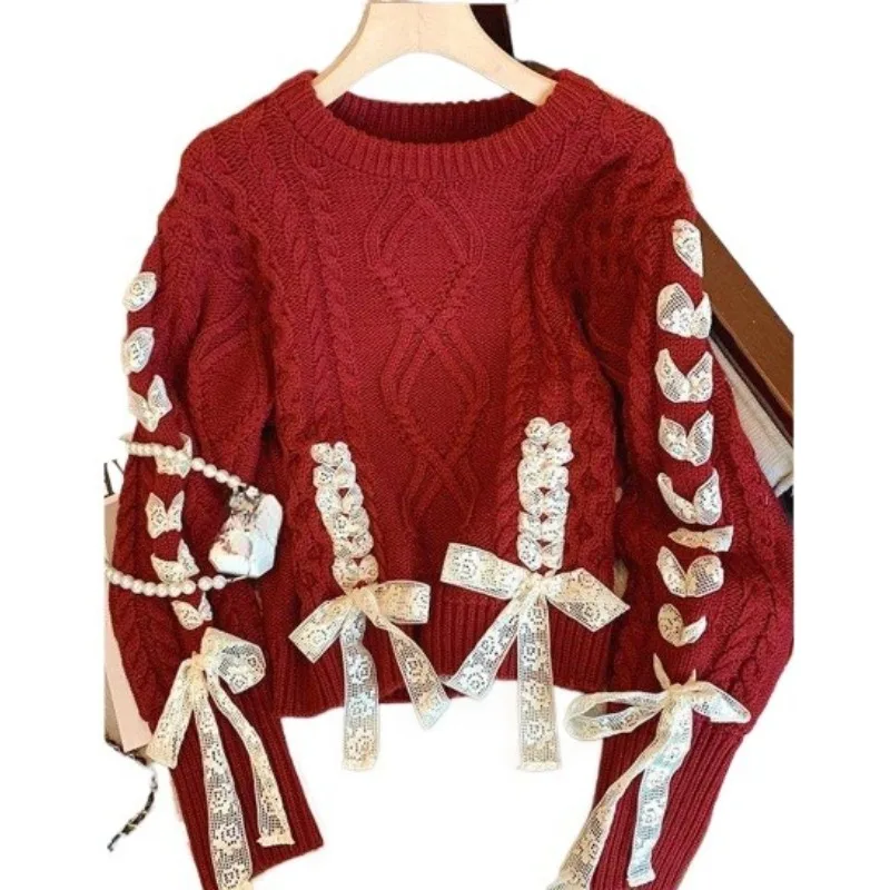 

New Year's Atmosphere Red Bow Lace Lace Twist Sweater Women's Small Thickened Chinese New Year Knitted Sweater Winter Pullovers