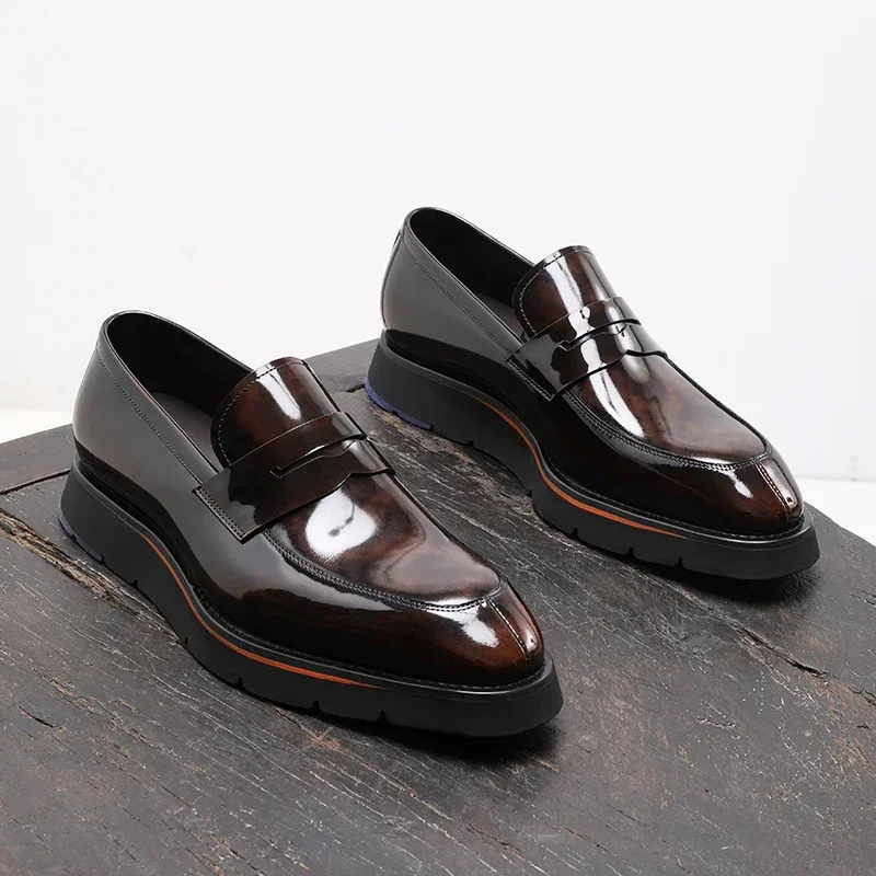 2025 New Business Suit Men Shoes Calfskin, Polished Square Glossy And Thick Soles Casual Loafers.