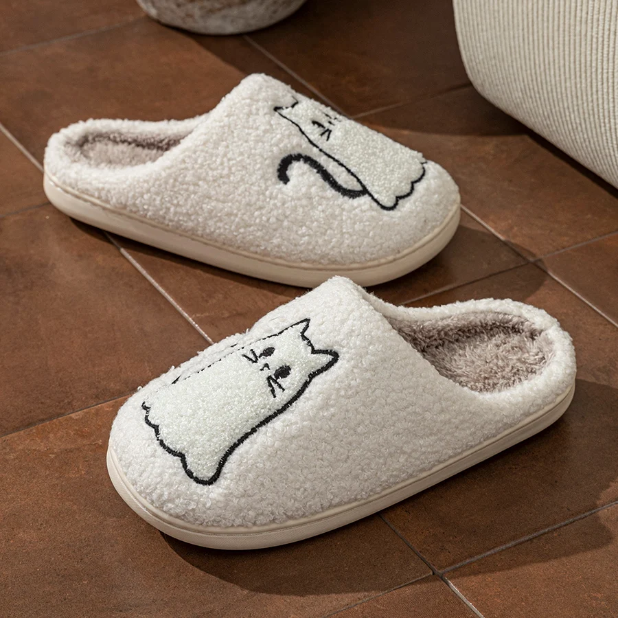 أزياء لطيف خط القط رائعة النعال النسائية التطريز الشتاء داخلي دافئ لينة وحيد مريح غرفة نوم زوجين أحذية المنزل