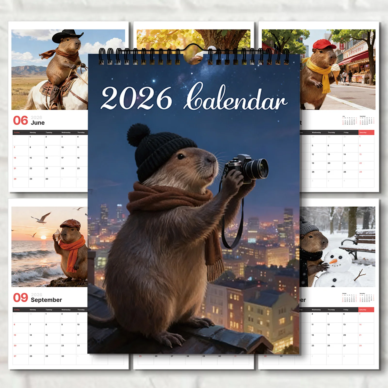 

1 шт. 2026 настенный календарь с капибарой, милые фотографии капибары на 12 месяцев, ежедневный вид и ежемесячные макеты