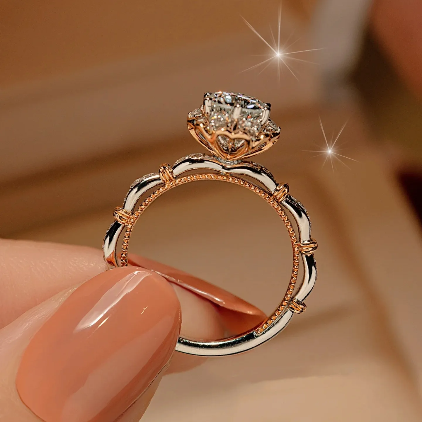 Women's Classy 1 Carat Moissanite Ring PT950 Platinum Two-tone Bouquet Elegance Office Wear Style