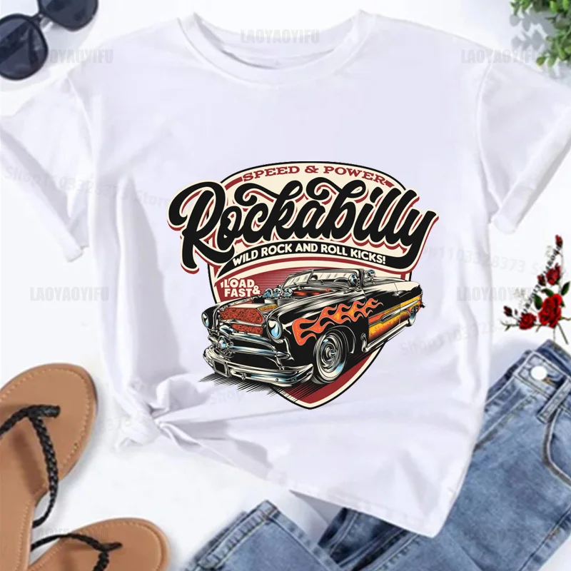 Cotton Rockabilly Printing Shirt Harajuku Casual T-Shirt Street Fashion Short Sleeve Clothing Streetwear Men\'s Hip Hop