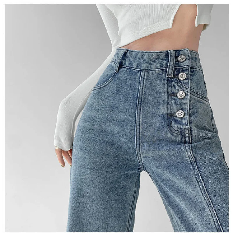 

chic elegant Irregular Breasted High Waist Jeans Women Loose Straight Trousers Drape Wide Leg Mop Pants