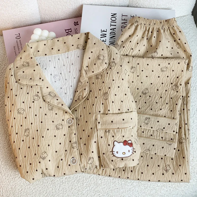 

Sanrios Women's Cotton Pajamas Hello Kitty Long Sleeved Spring and Autumn New Kawaii Cartoon Sweet Girl Casual Home Wear Set