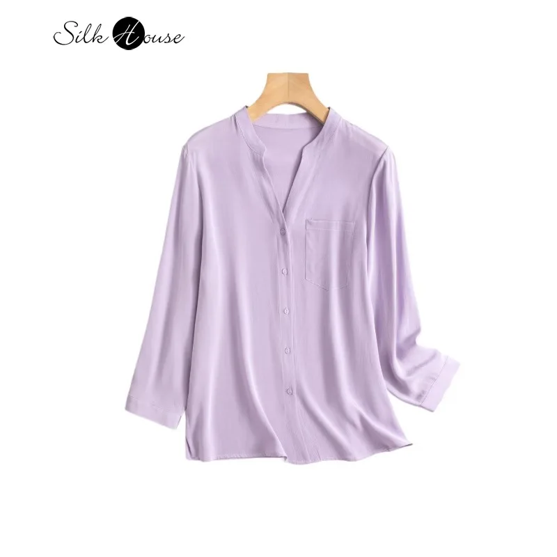 26MM 100% Natural Mulberry Silk Heavy Crepe V-neck Purple Solid Color Nine Quarter Sleeve Loose and Versatile Women's Shirt