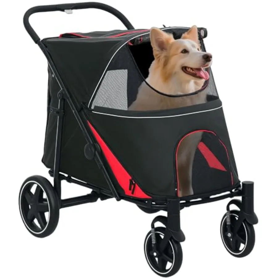 

Dog stroller for large/medium/small dogs up to 66 lbs, black polyester fabric, one-click foldable design with shock absorption