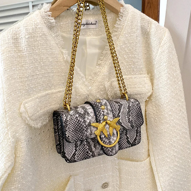 

Women's Euro-American Fashion Small Square Bag - Snakeskin Print Double Swallow Design Shoulder Bag