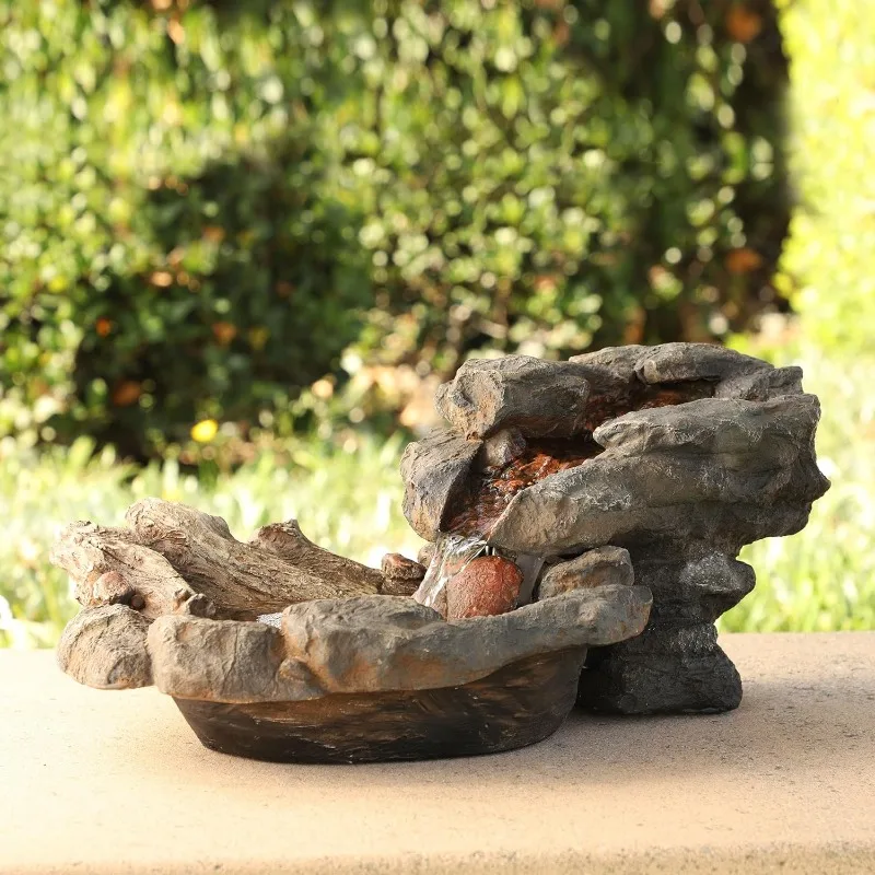 WIN568 Indoor Tabletop Tiered River Rock Waterfall Fountain w/ LED Lights & Natural Stone Look, 9