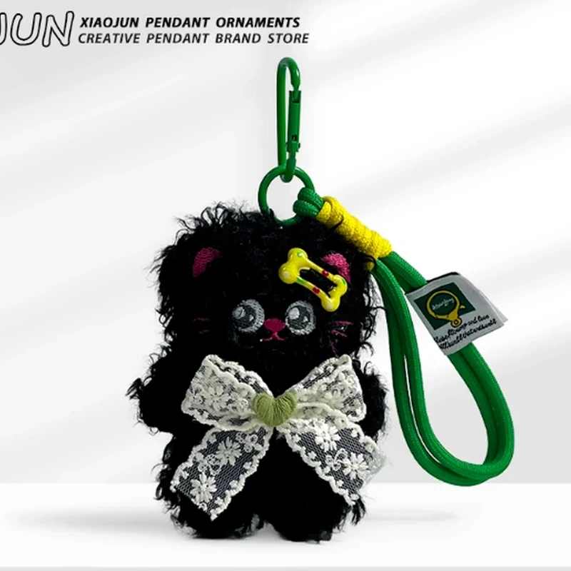 Black Curly Kitten Plush Doll Pendant Bee Shoulder Bag Bow Hand Rope Bag Keychain Dopamine Pendant Pendant Cute Festival Gifts