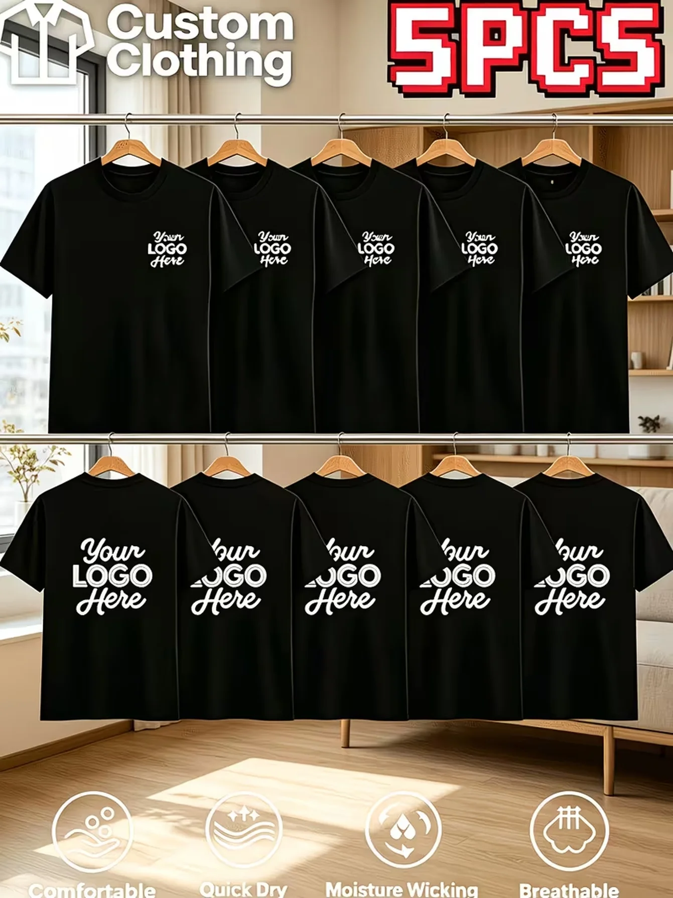Men's 5-piece customized short sleeves with personalized chest/back patterns, soft, comfortable, breathable