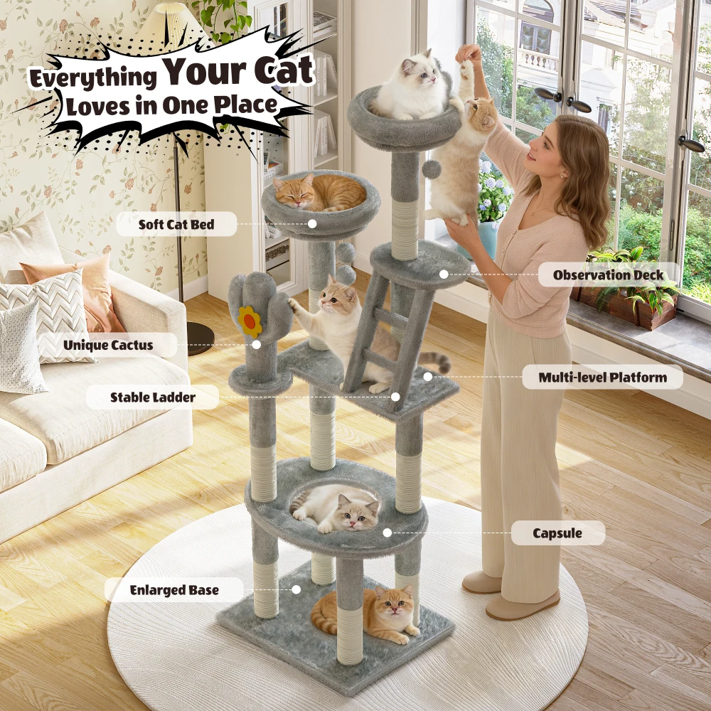 72" Tall Cactus Cat Tower Featuring Clear View Capsule, Durable Sisal Scratching Posts, Cozy Plush Platforms, and Built-in Interactive Toys – Perfect for Indoor Kittens & Big Cats - view 6