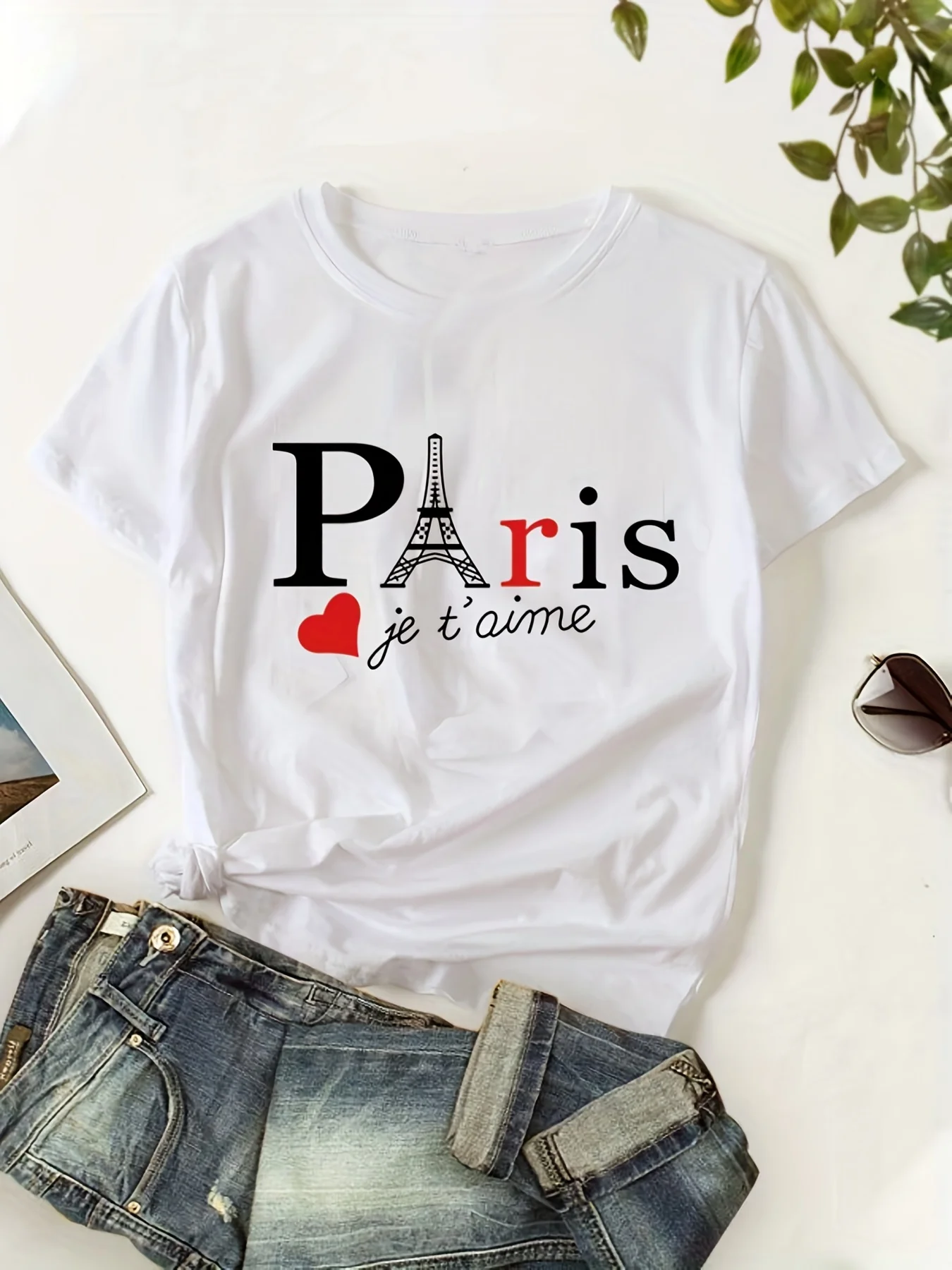 Eiffel Tower & Letter Print Women T-Shirts Casual Crew Neck Short Sleeve T-Shirt Summer Women's Clothing Female Tops Tees