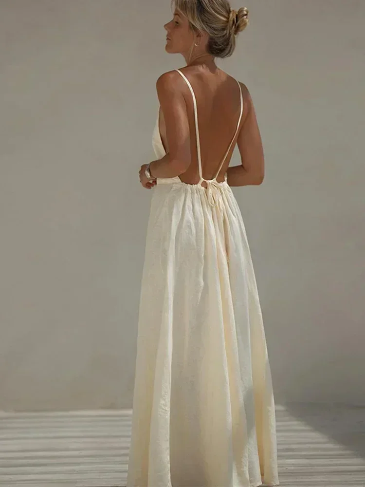 Vestido Sexy de algodón con espalda descubierta y cordones para mujer, vestidos lisos holgados sin mangas con cuello redondo, batas de playa informales para verano 2024