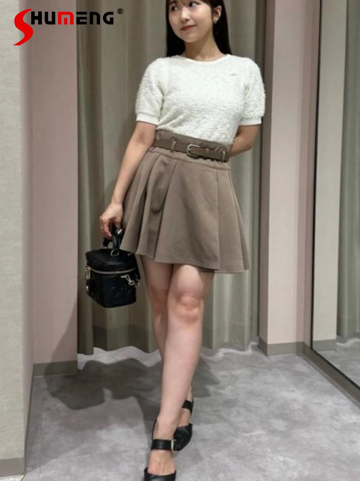 

Japanese Elegant Commuter Pleated Mini Skirt High Waist Belt Slim Big Swing A-line All-matched Casual Plaid Short Skirt Women