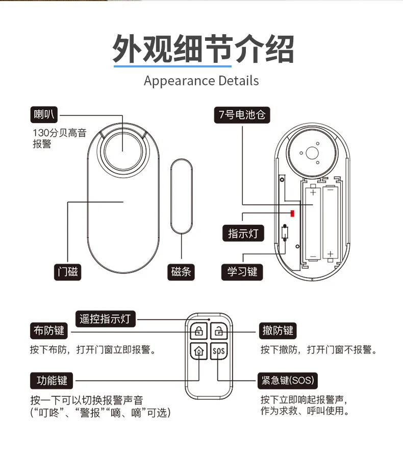 Door Magnetic Alarm Multifunctional Wireless Door and Window Alarm RemoteControl Function Household Anti-theft Device Anti-theft