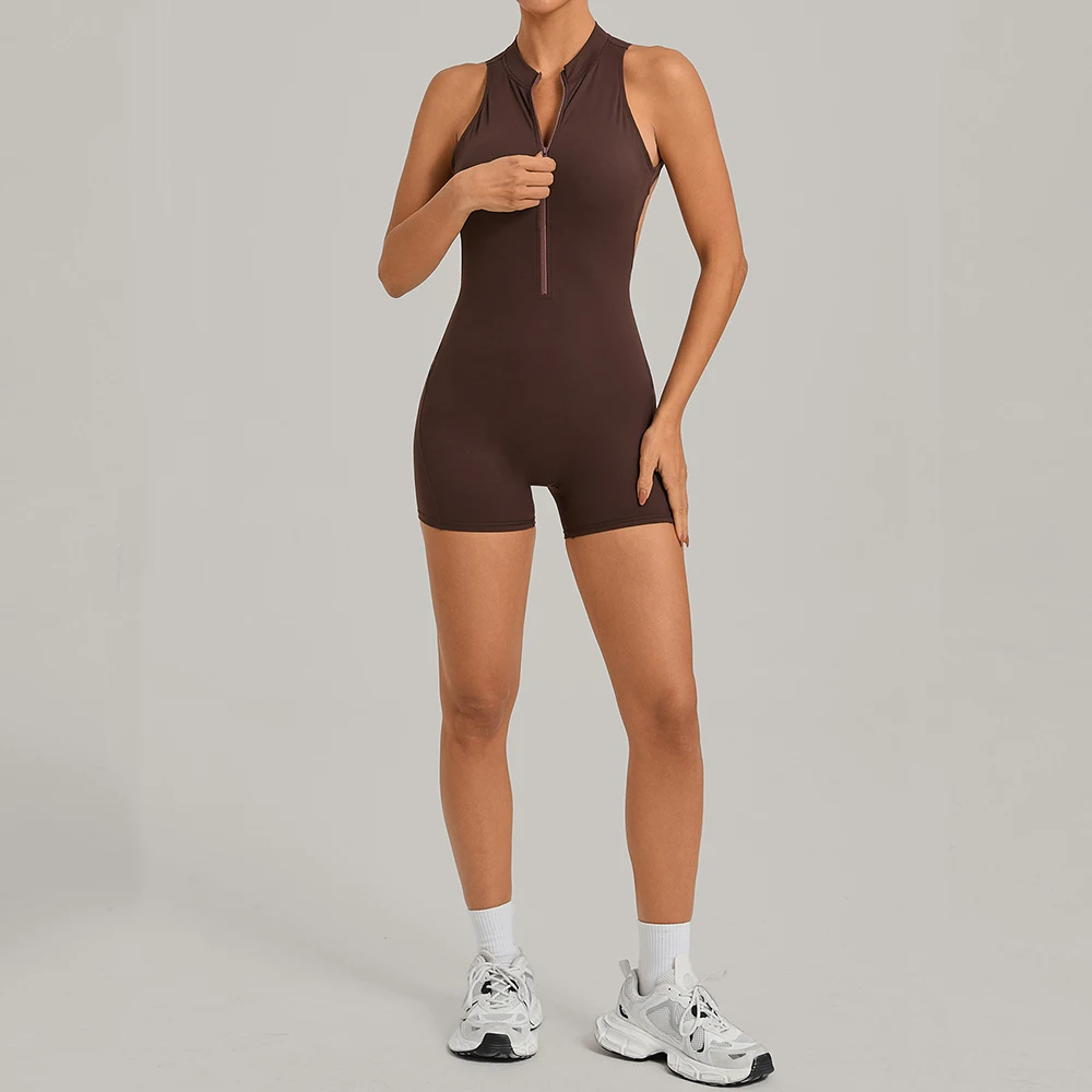 Women Sleeveless Zip Cutout Back Short Yoga Bodysuit Scrunch Butt Lift Tummy Control Quick Dry Gym Set Workout Running Jumpsuit