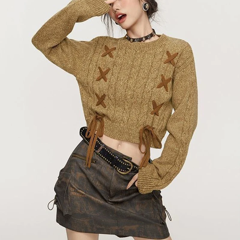 Women Crew Neck Cable Knit Cropped Sweater Lace Up Decor Long Sleeve Casual Short Pullover Jumper