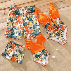 PatPat Family-traje de baño a juego, bañador naranja con estampado de plantas tropicales, traje de baño de una pieza con volantes y pantalones cortos