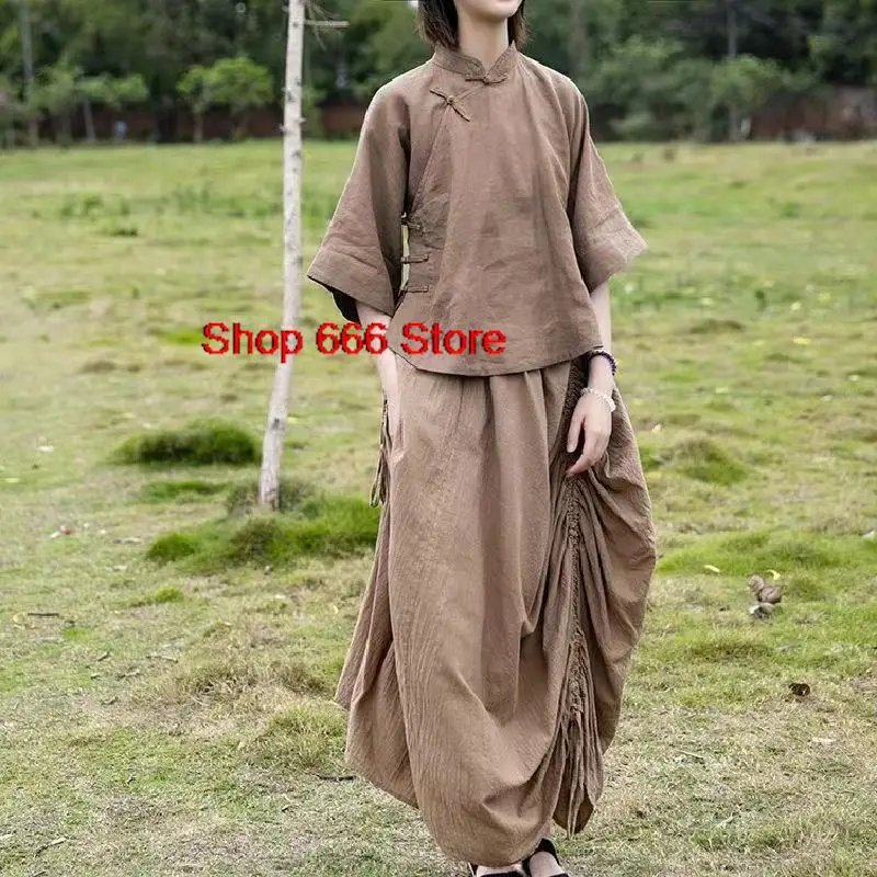 Chinês tradicional feminino topos de linho de algodão elegante hanfu qriental roupas tang vestido cor sólida gola retro camiseta