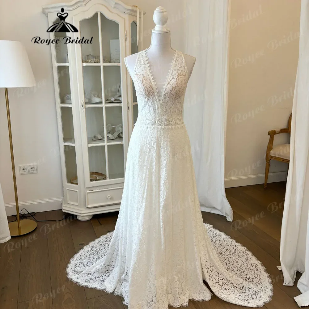 Halter Neck Plunging Deep V Neck Lace Boho Wedding Dress for Women 2025 Backless Bridal Gown Custom Made robe de mariee boheme