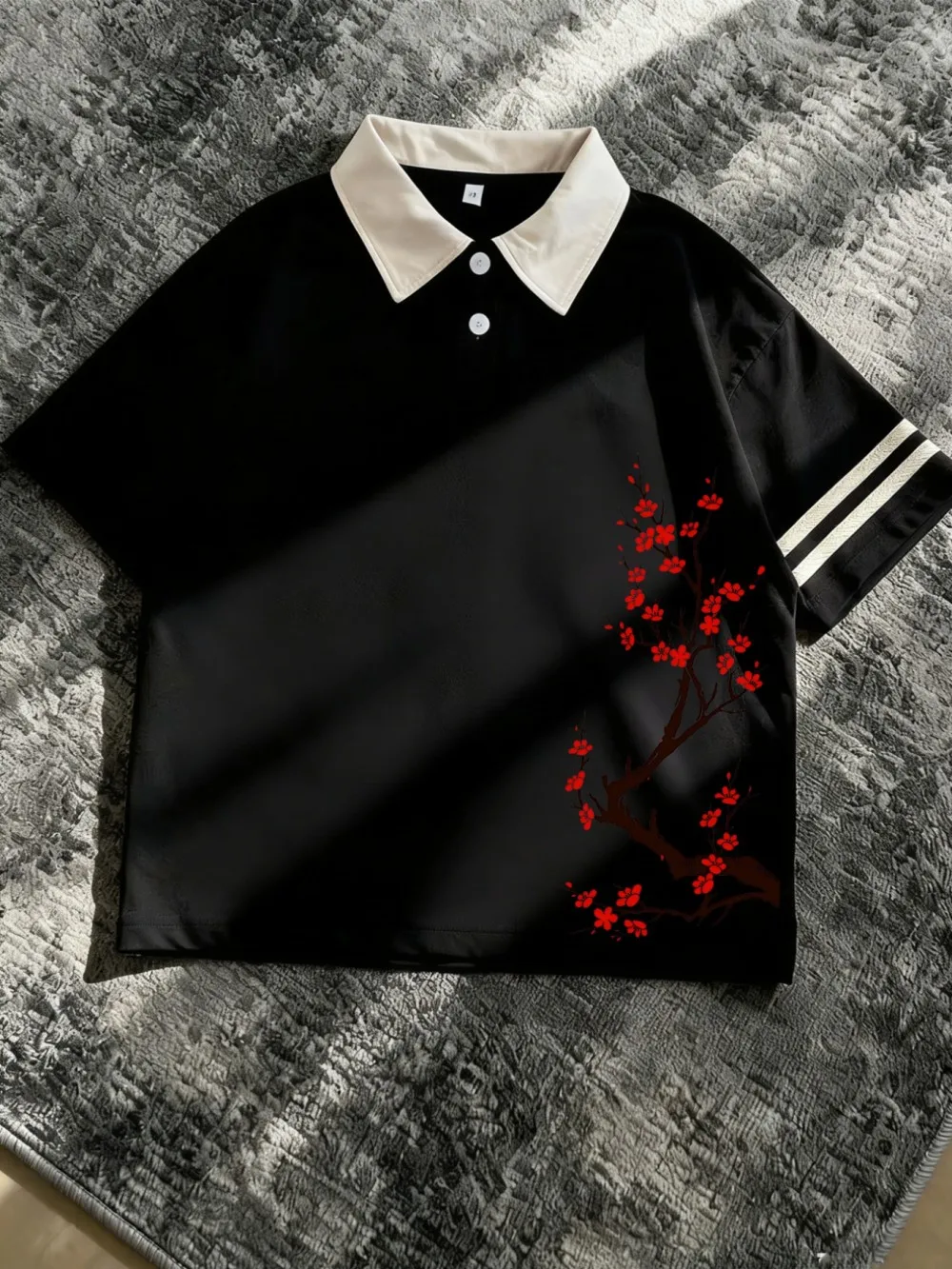 Fashionable Men's Summer Striped Cherry Blossom Print micro Elastic Breathable Polo Short-Sleeved T-Shirt Outdoor Casual Top