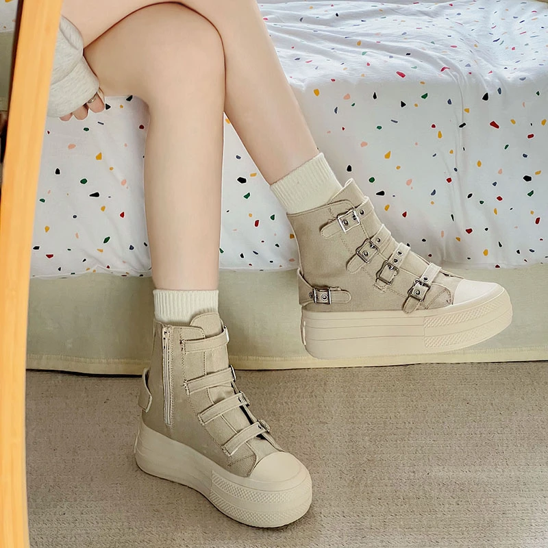 2024 New Trend Canvas Round Toe Thick Sole Platform Chunky Heels Women Sneakers Belt Buckle Zipper Fashion Western Punk Shoes