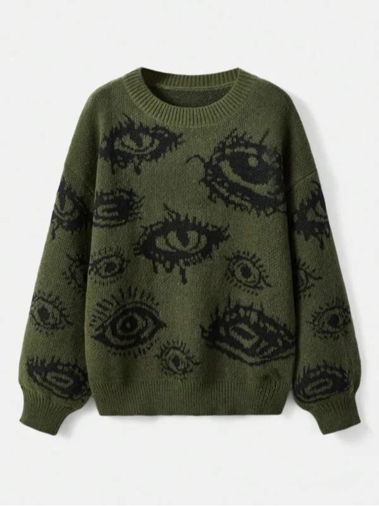 TRAF men's and women's loose knit shirts, eye shaped y2k new pullovers, winter knitted warm clothing, women's retro tops