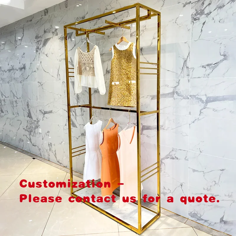 custom.Boutique Clothing Store Shelves Stainless Steel Gold Clothing Shelf Display Rack 2 Layers Garment Display Stand