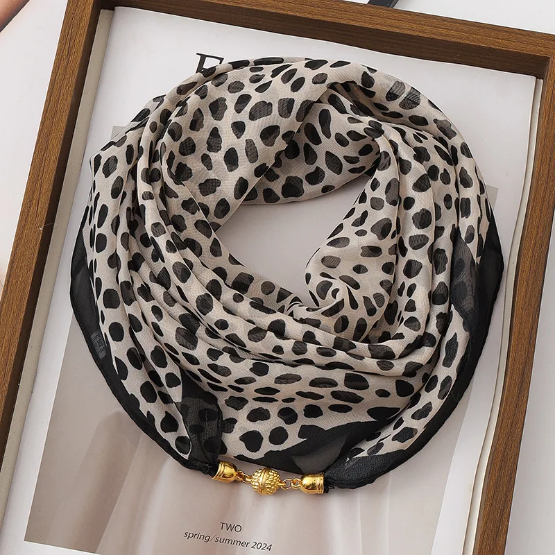 Leopard Print Magnetic Buckle Scarf for Women Versatile Square Thin Silk Scarf Angled Decoration Scarf Quick Easy Wear 63CM image 3