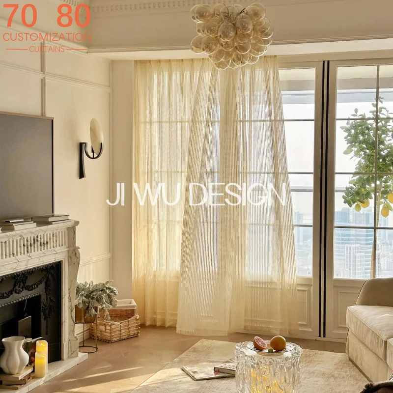 French Retro Striped Gold Jacquard Window Screens for Living Room Bedroom Balcony Bay Window Customized Finished Product