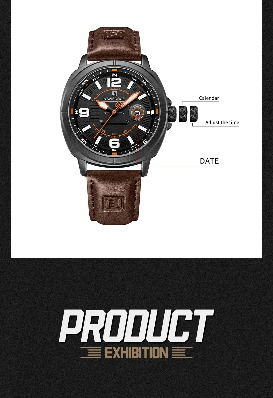 NAVIFORCE NF8078 Простые мужские часы Кварцевые 3ATM Водонепроницаемые деловые наручные часы из натуральной кожи