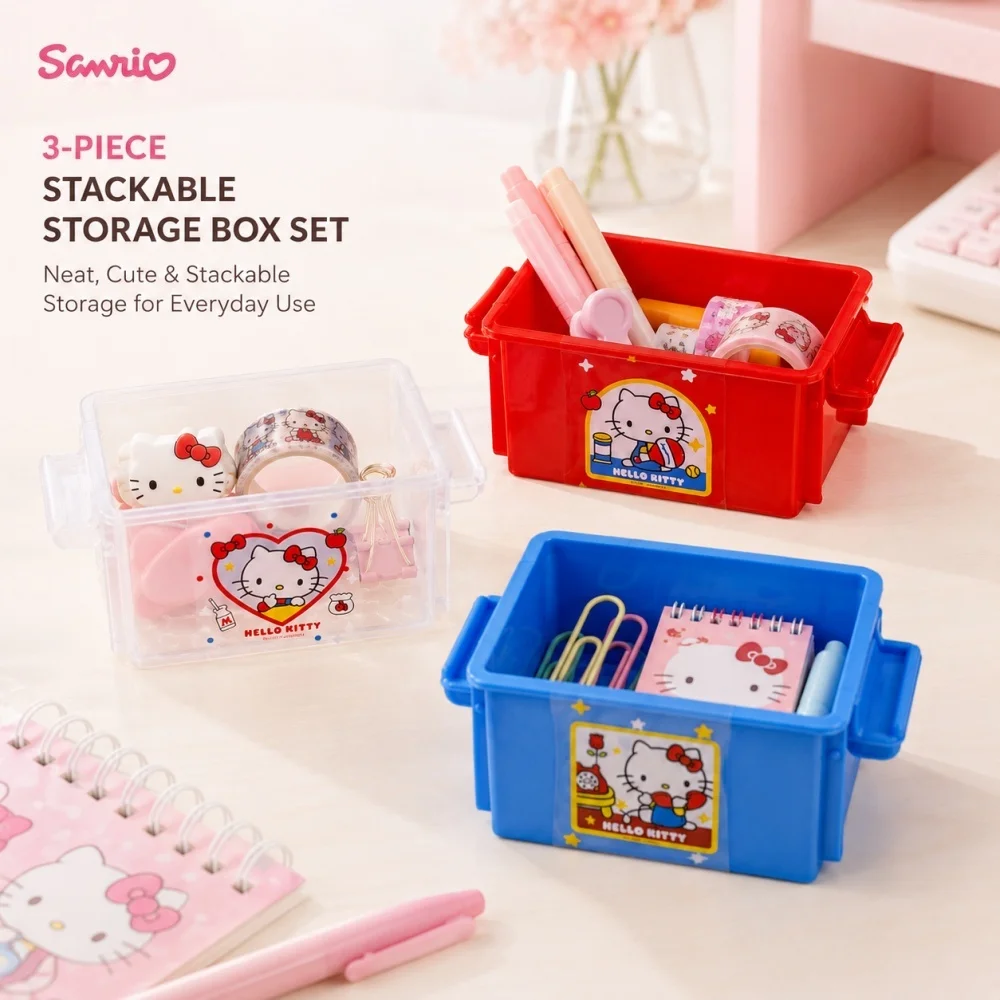 Genuine Sanrio Hello Kitty 3 Color Stackable Storage Box Cute Desk Organizer for Stationery Toys Cosmetics Office School Gifts