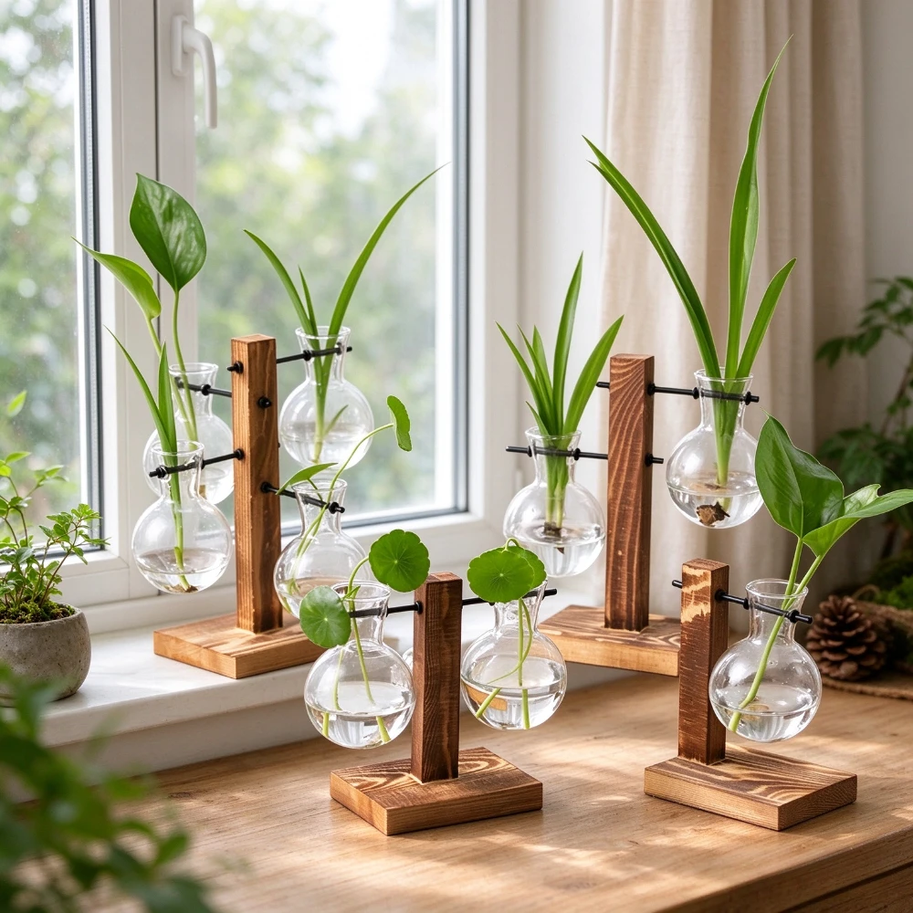 Plant Propagation Station Transparent Bulb Glass Vase with Wooden Stand Hydroponic Container Living Room Office Home Decor