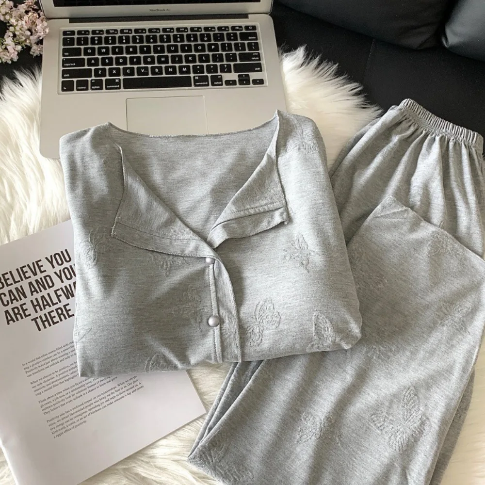 Women's Pajamas Set 2 Piece Chest Pads Sleepwear Casual Loungewear for Spring Autumn Long Sleeve Soft Home Wear Pyjama Femme