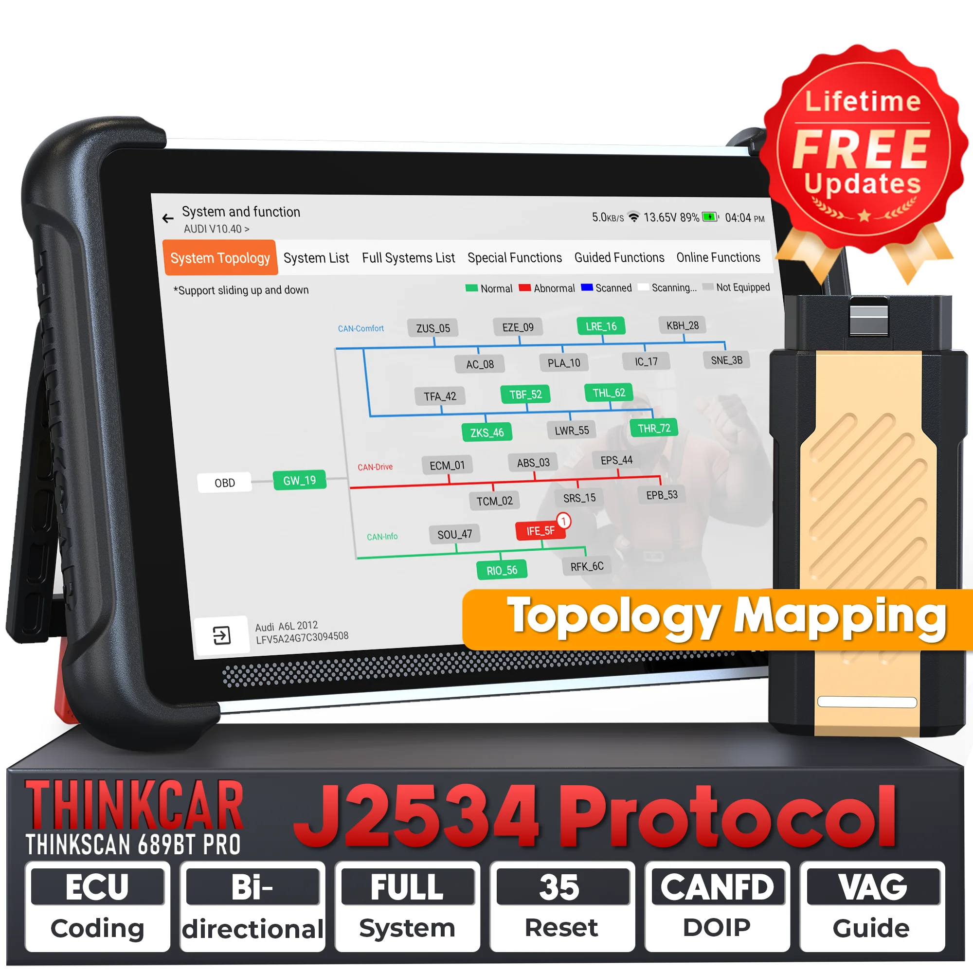 THINKSCAN 689BT PRO OBD2 Scanner with J2534&Topology Mapping 8-inch Car Diagnostic Tools Full System 35 Resets Lifetime Free