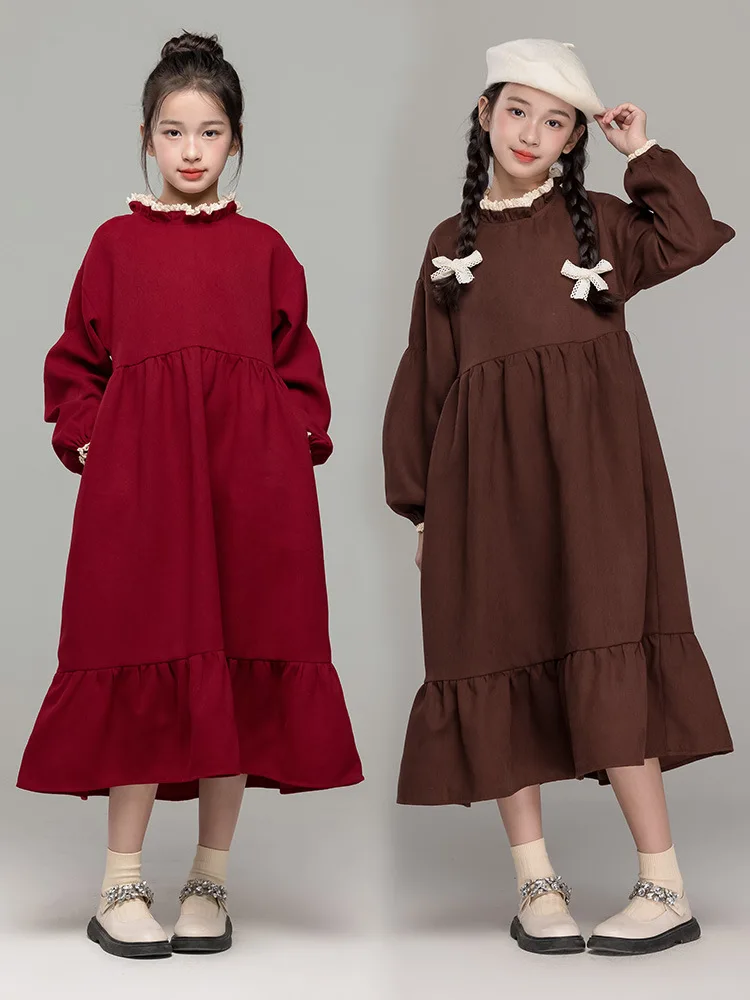 

5-16Y Loose Style Teenage Girls Ruffle Dresses Autumn Solid Color Mid-Calf Princess Dresses For Children Kids Red New Year Dress
