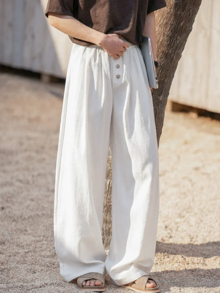 Men’s Pleated Linen-Look Casual Trousers: Colour-Blocked Buttons, Cotton-Linen Texture, Loose-Fit Straight-Leg Trousers