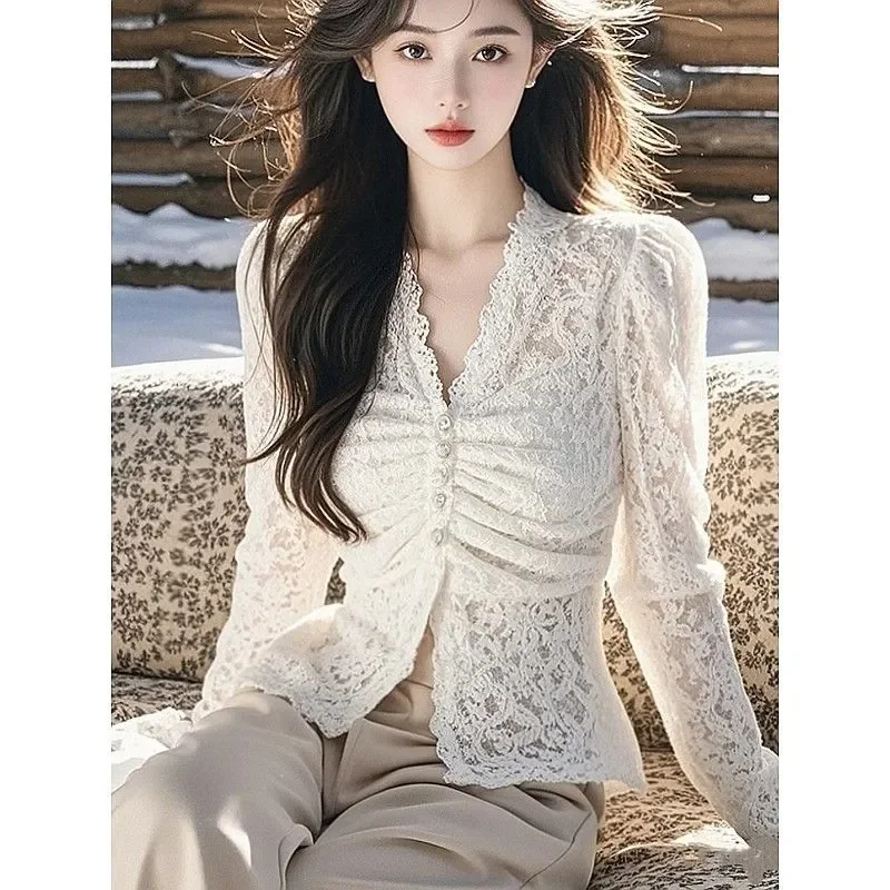 

Temperament V-neck Lace Trumpet Sleeve Lace Shirt for Women Autumn and Winter Hollow Embroidery Slim Fit Top