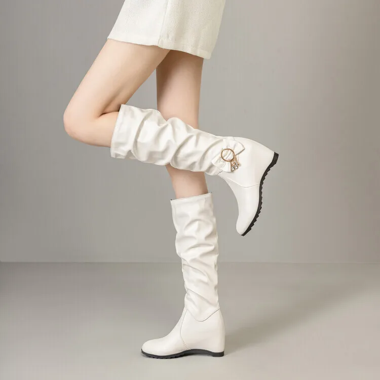 

Girls Pleated Knee Boots Round Toe Increased Heels 10cm Slip On Shoes Bowknot Sweet Dating Bota