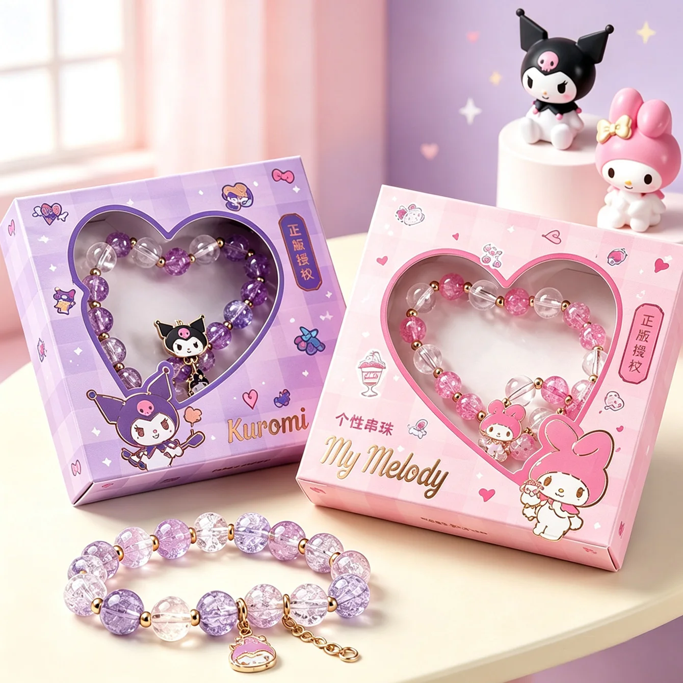 Kuromi My Melody Crackle Bead Jewelry Transparent Bead Wrist Accessory Heart‑shaped Gift Box Pack Collectible Fashion Ornament