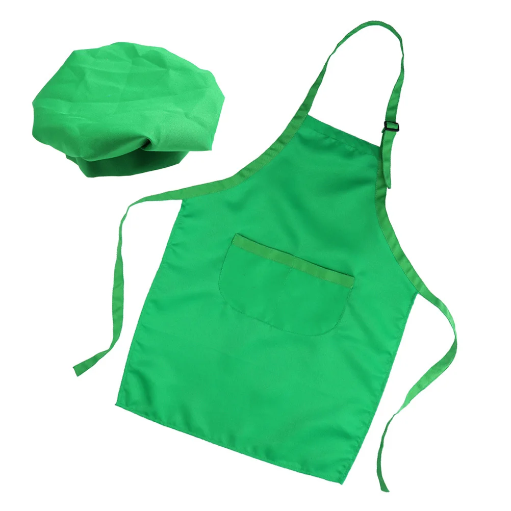 2pcs Apron Hat Set Lightweight Waterproof For Painting Baking Cooking Outdoor Bbq Reusable Adjustable 3-6 Years Green