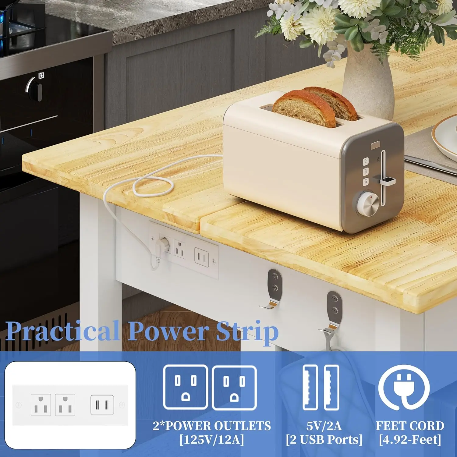 جزيرة مطبخ من الخشب المطاطي الصلب مقاس 47.3 بوصة مع منافذ - طراز المزرعة، سطح عمل كبير، درجين ورفوف مفتوحة