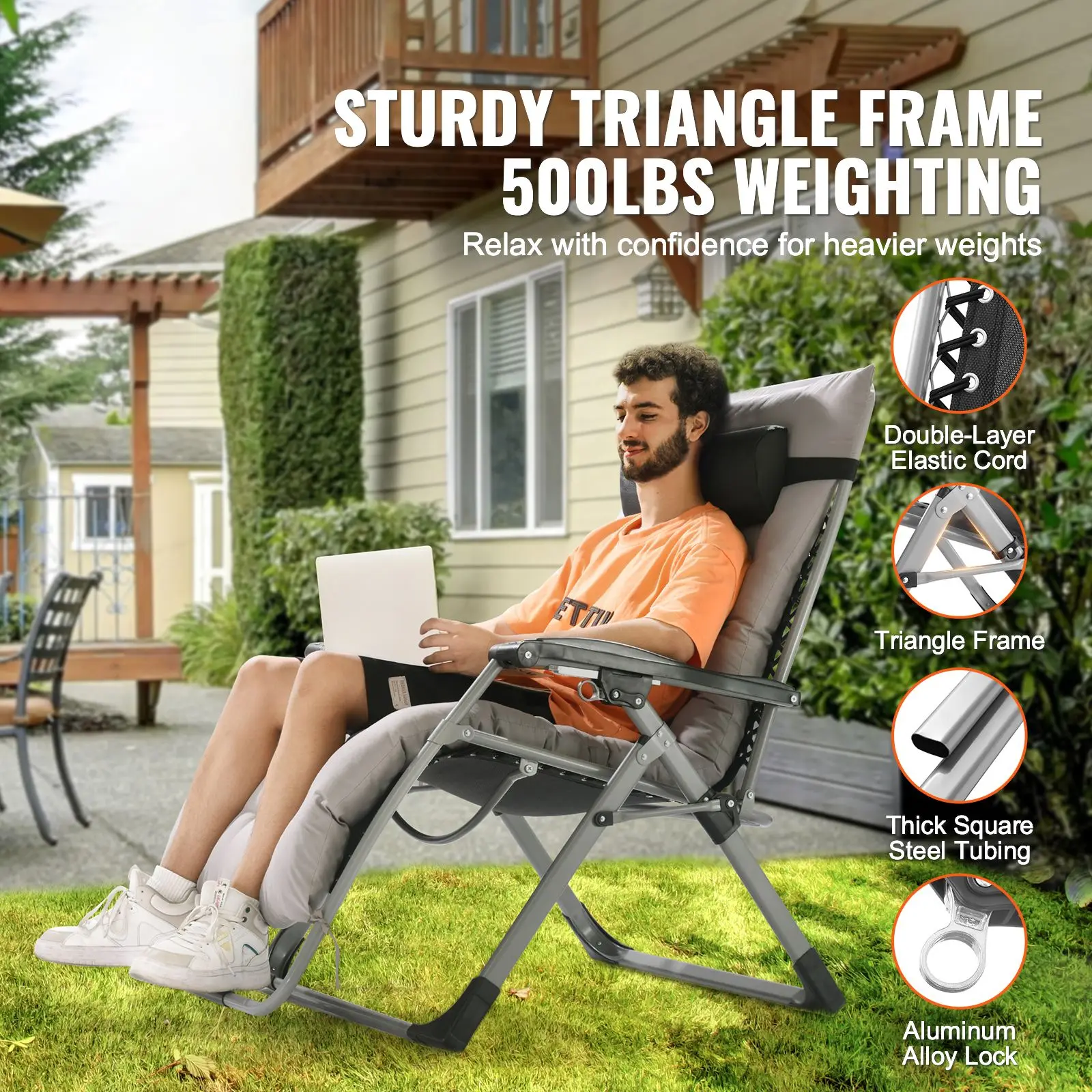 33-Inch Gray Adjustable Anti Gravity Recliner Lounge Chair Indoor/Outdoor Zero Gravity Cushi Cushi